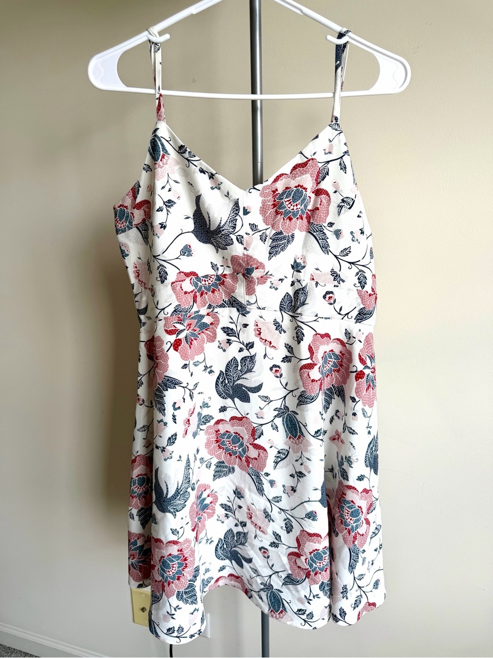 LOFT Floral Spaghetti Strap Dress - White with Pink & Blue Print